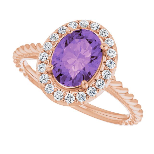 14K Gold Oval Natural Amethyst & Natural Diamond Halo-Style Rope Ring - Rose Gold - view 5