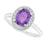 14K Gold Oval Natural Amethyst & Natural Diamond Halo-Style Rope Ring - White Gold - view 5