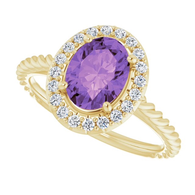 14K Gold Oval Natural Amethyst & Natural Diamond Halo-Style Rope Ring - Yellow Gold - view 5