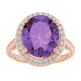14K Gold Oval Natural Amethyst & Natural Diamond Halo-Style Rope Ring - Rose Gold - view 3