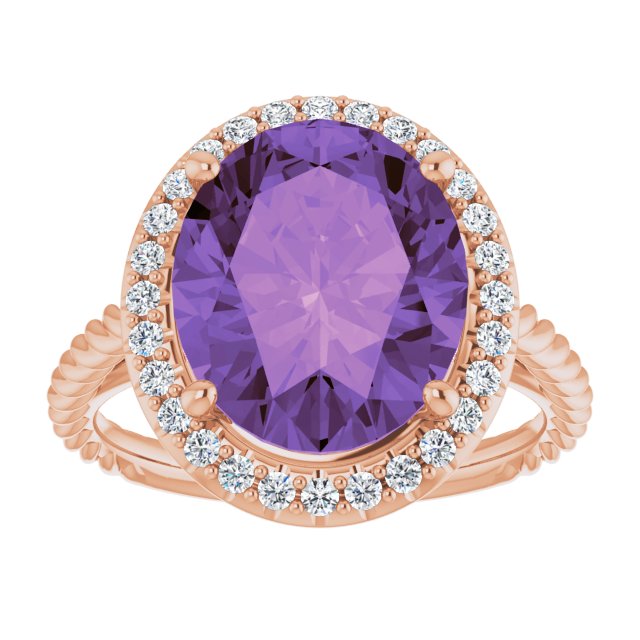 14K Gold Oval Natural Amethyst & Natural Diamond Halo-Style Rope Ring - Rose Gold - view 3