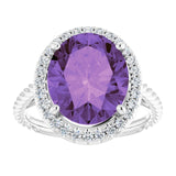 14K Gold Oval Natural Amethyst & Natural Diamond Halo-Style Rope Ring - White Gold - view 3