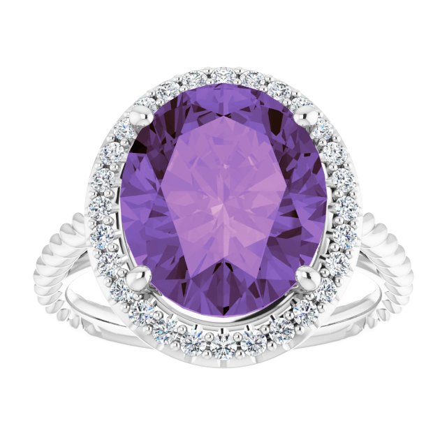 14K Gold Oval Natural Amethyst & Natural Diamond Halo-Style Rope Ring - White Gold - view 3