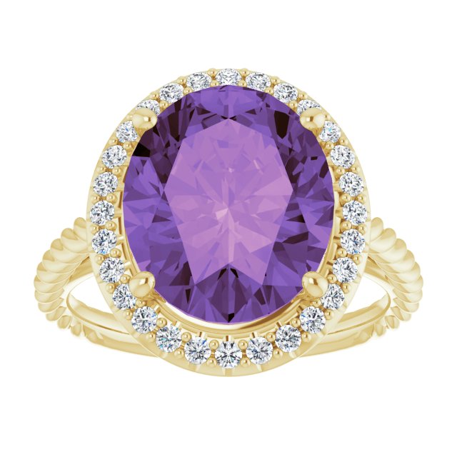 14K Gold Oval Natural Amethyst & Natural Diamond Halo-Style Rope Ring - Yellow Gold - view 3