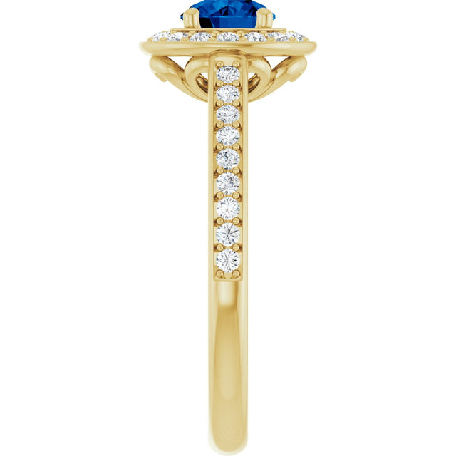 14K Gold Round Lab-Grown Blue Sapphire & Natural Diamond Halo-Style Ring – 5.2mm Stones - Yellow Gold - view 4
