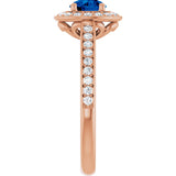 14K Gold Round Lab-Grown Blue Sapphire & Natural Diamond Halo-Style Ring – 5.2mm Stones - Rose Gold - view 4
