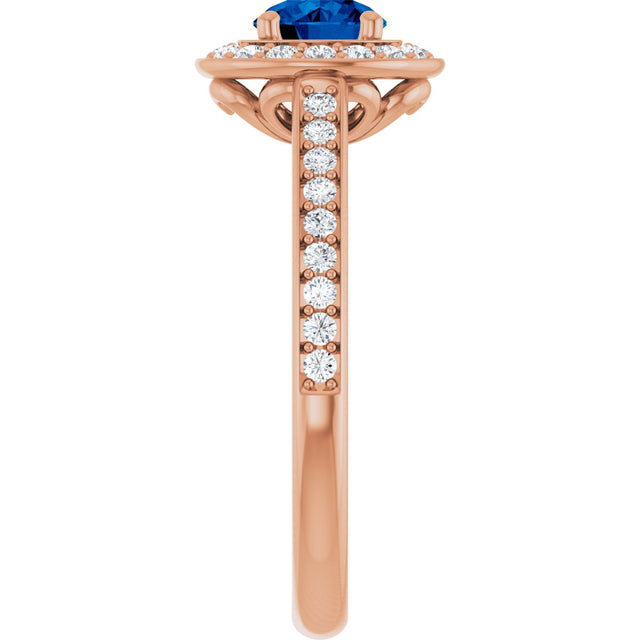 14K Gold Round Lab-Grown Blue Sapphire & Natural Diamond Halo-Style Ring – 5.2mm Stones - Rose Gold - view 4