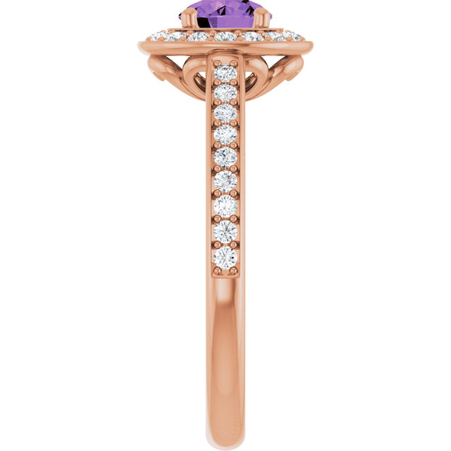 14K Gold Round Natural Amethyst & Natural Diamond Halo-Style Ring – 5mm Stones - Rose Gold - view 4