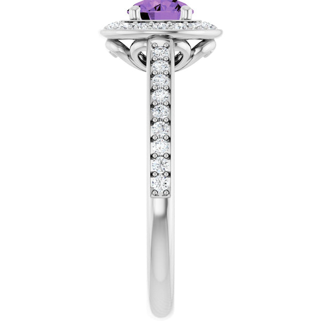 14K Gold Round Natural Amethyst & Natural Diamond Halo-Style Ring – 5mm Stones - White Gold - view 4