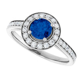 14K Gold Round Lab-Grown Blue Sapphire & Natural Diamond Halo-Style Ring – 5.2mm Stones - White Gold - view 5