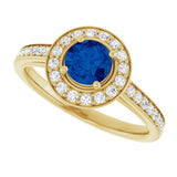 14K Gold Round Lab-Grown Blue Sapphire & Natural Diamond Halo-Style Ring – 5.2mm Stones - Yellow Gold - view 5