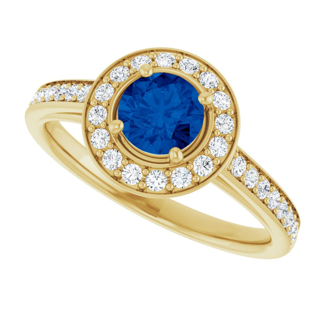 14K Gold Round Lab-Grown Blue Sapphire & Natural Diamond Halo-Style Ring – 5.2mm Stones - Yellow Gold - view 5