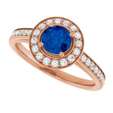 14K Gold Round Lab-Grown Blue Sapphire & Natural Diamond Halo-Style Ring – 5.2mm Stones - Rose Gold - view 5