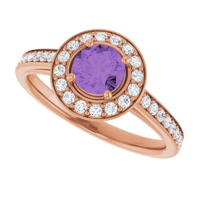 14K Gold Round Natural Amethyst & Natural Diamond Halo-Style Ring – 5mm Stones - Rose Gold - view 5