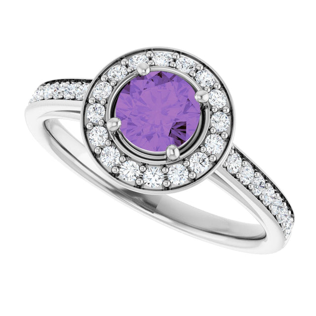 Platinum Round Natural Amethyst & Natural Diamond Halo-Style Ring - view 5