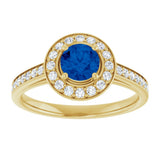 14K Gold Round Lab-Grown Blue Sapphire & Natural Diamond Halo-Style Ring – 5.2mm Stones - Yellow Gold - view 3
