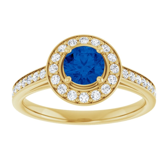 14K Gold Round Lab-Grown Blue Sapphire & Natural Diamond Halo-Style Ring – 5.2mm Stones - Yellow Gold - view 3