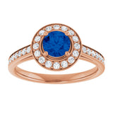 14K Gold Round Lab-Grown Blue Sapphire & Natural Diamond Halo-Style Ring – 5.2mm Stones - Rose Gold - view 3