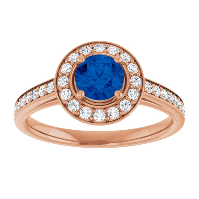 14K Gold Round Lab-Grown Blue Sapphire & Natural Diamond Halo-Style Ring – 5.2mm Stones - Rose Gold - view 3