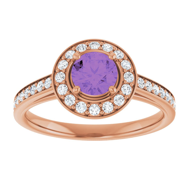 14K Gold Round Natural Amethyst & Natural Diamond Halo-Style Ring – 5mm Stones - Rose Gold - view 3