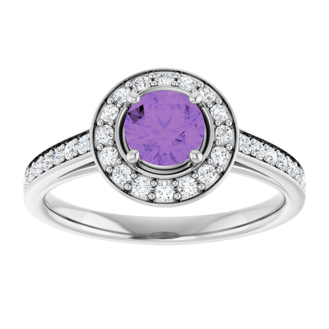 Platinum Round Natural Amethyst & Natural Diamond Halo-Style Ring - view 3