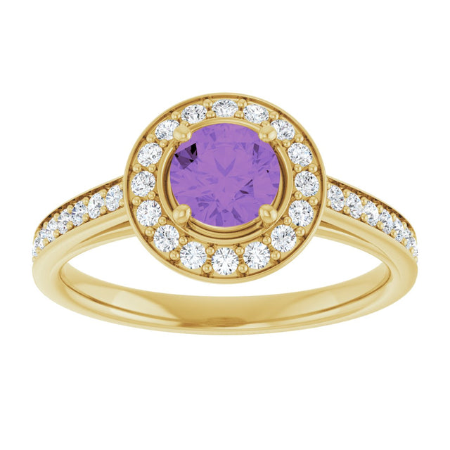 14K Gold Round Natural Amethyst & Natural Diamond Halo-Style Ring – 5mm Stones - Yellow Gold - view 3