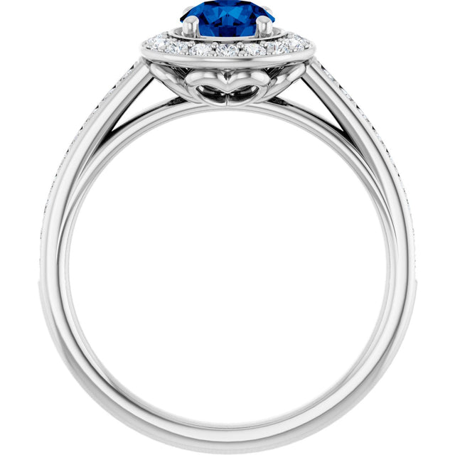 14K Gold Round Lab-Grown Blue Sapphire & Natural Diamond Halo-Style Ring – 5.2mm Stones - White Gold - view 2