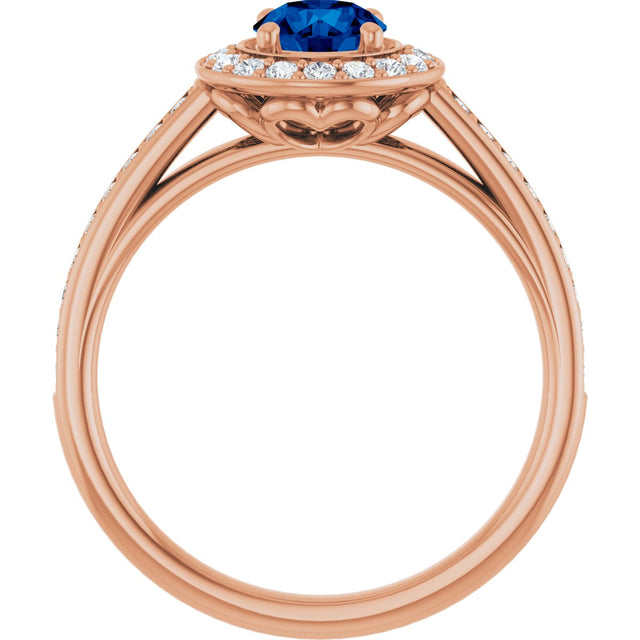 14K Gold Round Lab-Grown Blue Sapphire & Natural Diamond Halo-Style Ring – 5.2mm Stones - Rose Gold - view 2