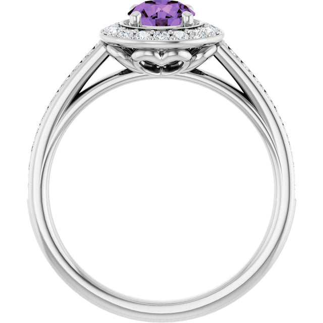Platinum Round Natural Amethyst & Natural Diamond Halo-Style Ring - view 2