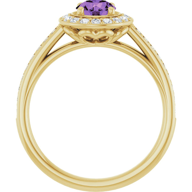 14K Gold Round Natural Amethyst & Natural Diamond Halo-Style Ring – 5mm Stones - Yellow Gold - view 2