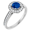 Platinum Round Lab-Grown Blue Sapphire & Natural Diamond Halo-Style Ring – 5mm Stones