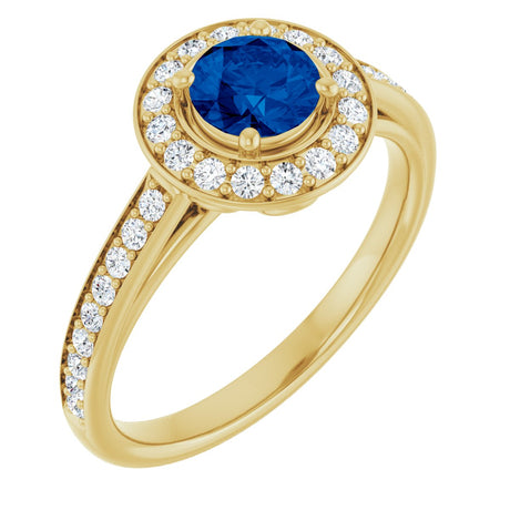14K Gold Round Lab-Grown Blue Sapphire & Natural Diamond Halo-Style Ring – 5.2mm Stones - Yellow Gold