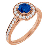14K Gold Round Lab-Grown Blue Sapphire & Natural Diamond Halo-Style Ring – 5.2mm Stones - Rose Gold