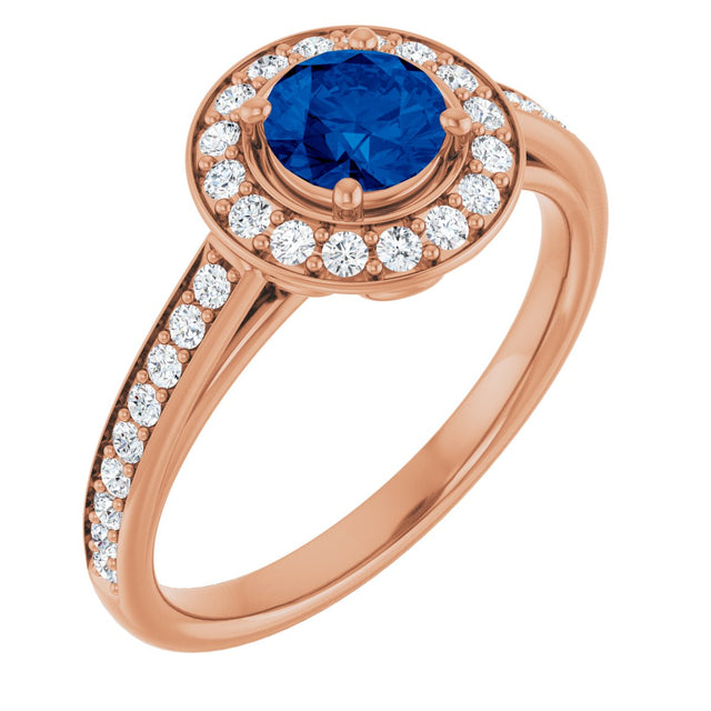 14K Gold Round Lab-Grown Blue Sapphire & Natural Diamond Halo-Style Ring – 5.2mm Stones - Rose Gold