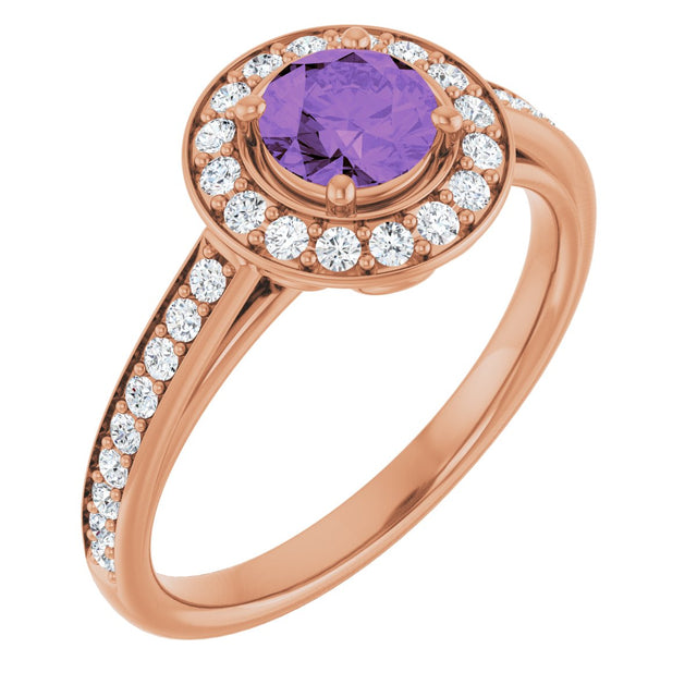 14K Gold Round Natural Amethyst & Natural Diamond Halo-Style Ring – 5mm Stones - Rose Gold