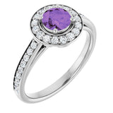 Platinum Round Natural Amethyst & Natural Diamond Halo-Style Ring