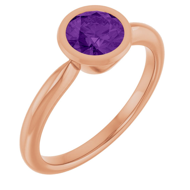 14K Gold Oval Natural Amethyst Bezel-Set Solitaire Ring - Rose Gold