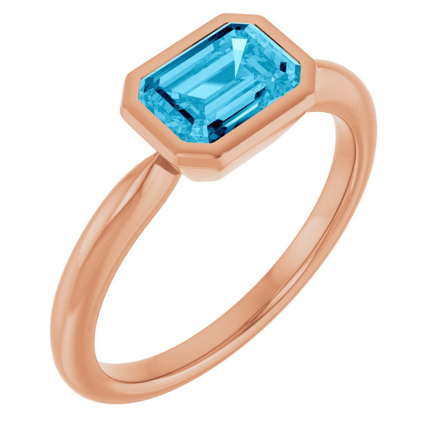 14K Gold Oval Natural Aquamarine Bezel-Set Solitaire Ring - Rose Gold