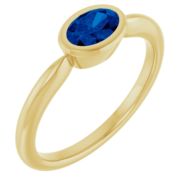 10K Gold Oval Lab-Grown Blue Sapphire Bezel-Set Solitaire Ring - Yellow Gold