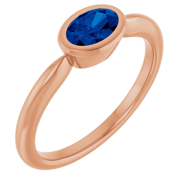 14K Gold Oval Lab-Grown Blue Sapphire Bezel-Set Solitaire Ring - Rose Gold