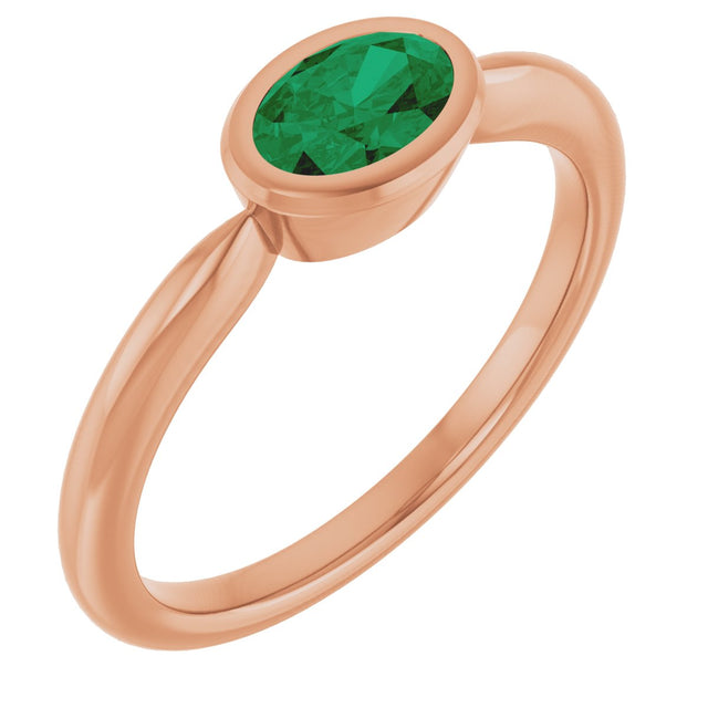 14K Gold Oval Lab-Grown Emerald Bezel-Set Solitaire Ring - Rose Gold