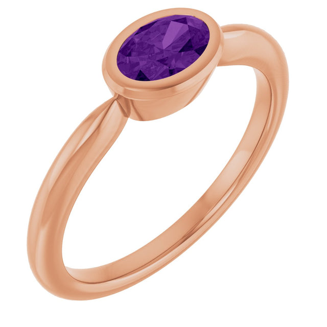 14K Gold Oval Natural Amethyst Bezel-Set Solitaire Ring - Rose Gold