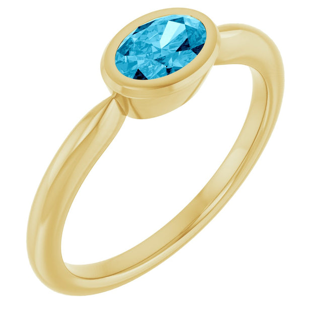 10K Gold Oval Natural Aquamarine Bezel-Set Solitaire Ring - Yellow Gold