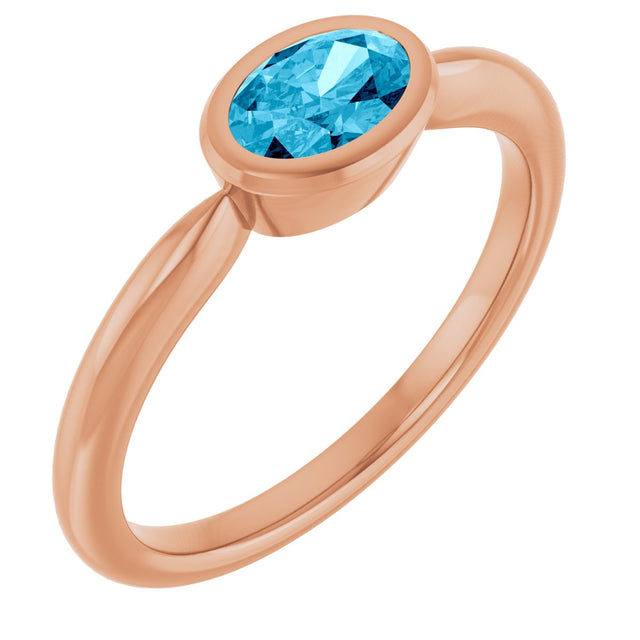 14K Gold Oval Natural Aquamarine Bezel-Set Solitaire Ring - Rose Gold
