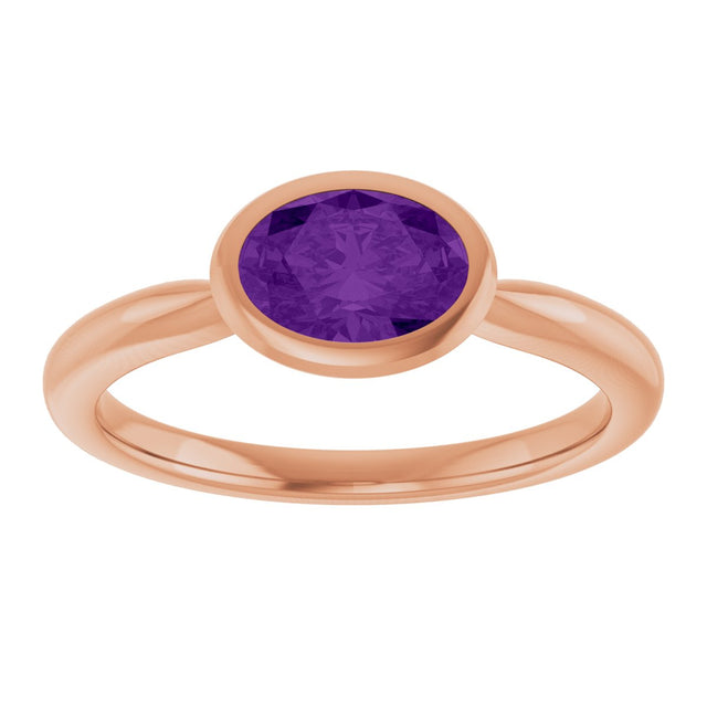 14K Gold Oval Natural Amethyst Bezel-Set Solitaire Ring - Rose Gold - view 3