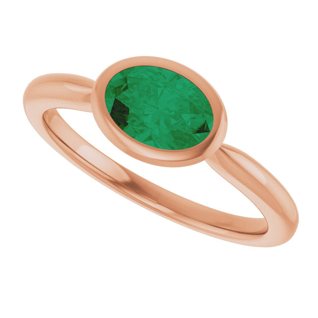 14K Gold Oval Lab-Grown Emerald Bezel-Set Solitaire Ring - Rose Gold - view 5