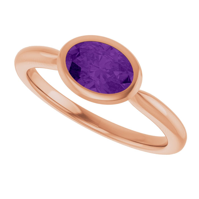 14K Gold Oval Natural Amethyst Bezel-Set Solitaire Ring - Rose Gold - view 5