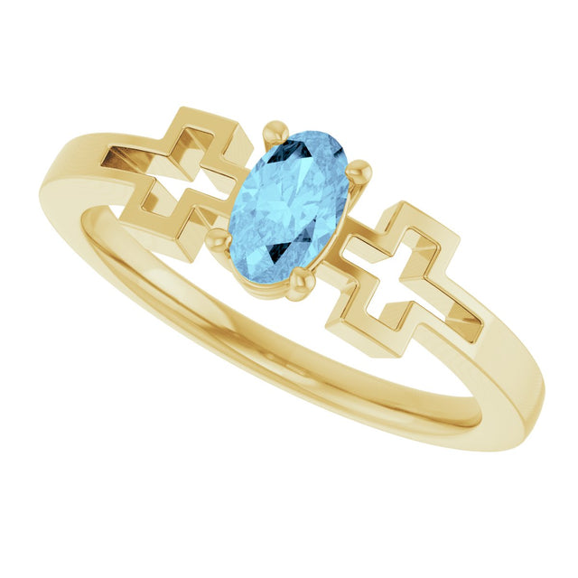 14K Gold Oval Natural Aquamarine Youth Cross Ring - Yellow Gold - view 5
