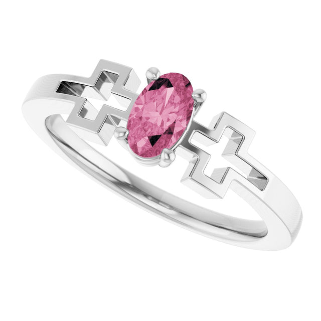 Platinum Oval Natural Pink Tourmaline Youth Cross Ring - view 5