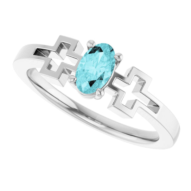 Platinum Oval Natural Blue Zircon Youth Cross Ring - view 5